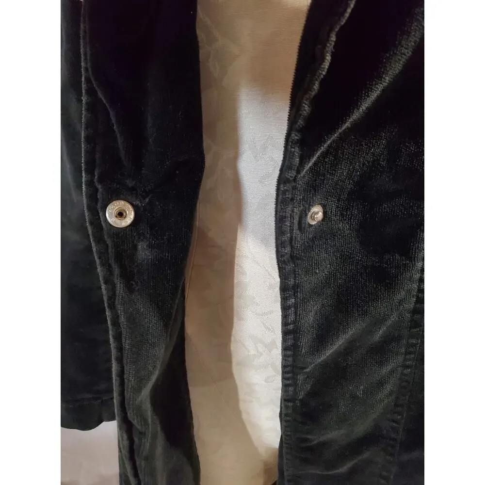 Vtg Y2K Bisou Bisou Fine Wale Corduroy Raw Hem Long Trench Jacket L Black Goth - Picture 6 of 11